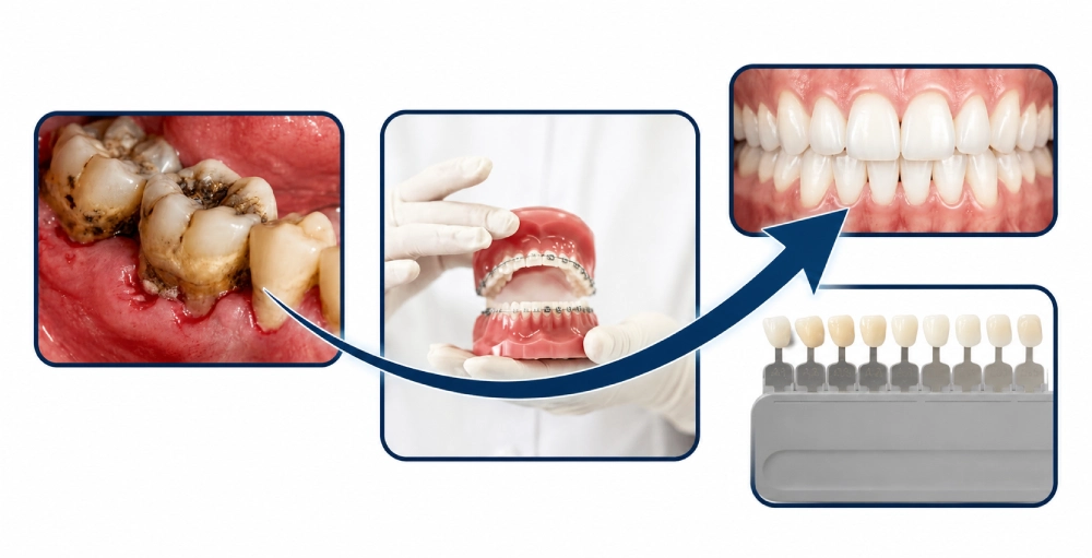 Medical-style collage showing teeth affected by periodontitis alongside a healthy mouth.